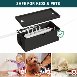 Bamboo Cable Management Box, Large Cord Organizer Box Cable Box to Hide Wires & Power Strips for Desktop Storage Cord Holder for Office Home,No Assembley Required (All Black, 1Medium)