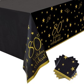 Gatherfun 80th Birthday Disposable Tablecloth 4 Pack Gold and Black Waterproof Plastic Table Cover for Men Woman 80 Birthday Party Decorations
