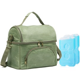 neatlife Waxed Canvas Lunch Bag for Men, Small Soft Cooler Bags Insulated with 2 Ice packs, Women Lunch Bags for Work, 10.5L 2 Compartments Leakproof Lunchbox for Work, Camping, Beach and Road Trips