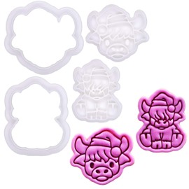 BAKERLOGY Mooey Christmas – Mini Highland Cow Cookie Cutter and Stamp Set (2") – Cute Santa Cow Face & Full Body Designs for Christmas Holiday Baking, Festive Treats and Edible Crafts