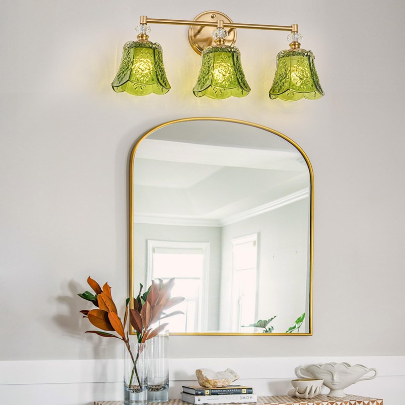 sunkryster Vintage Gold Bathroom Vanity Light Fixture, 3-Light with Rose