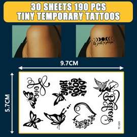 30 Sheets 190 pcs Tiny Temporary Tattoos - Waterproof & Long Lasting - Fake Tattoo Suitable for Girls and Boys - Fake Semi Permanent Tattoos - Flower, Butterfly, Constellation Lines