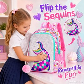 CCJPX 16" Mermaid Backpack for Girls, 3Pcs Kids Sequin Bookbag with Lunch Box, Water Resistant Elementary School Bag for Kindergarten Preschool Toddler (Pink)