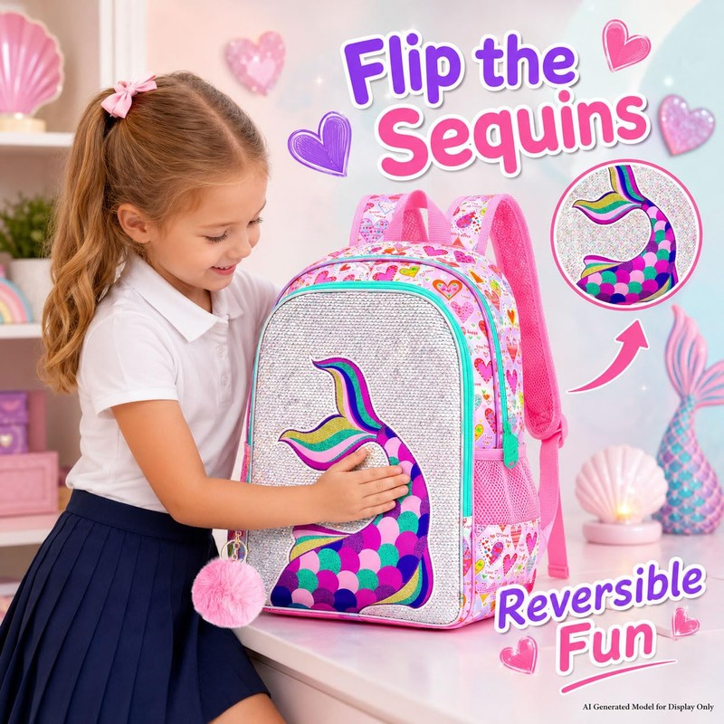 CCJPX 16" Mermaid Backpack for Girls, 3Pcs Kids Sequin Bookbag