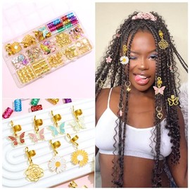 NAISKA 146PCS Gold Hair Jewelry with Butterfly Flower Charms, Metal Alloy Hair Coils, Rings, Cuffs and Decorations for Locs, Dreadlocks and Braids - H