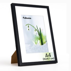 Feihorrm Picture Frame, 21 x 29.7 cm Oak Photo Frame, for 21 x 29.7 cm Photos without Mount or 13.9 x 20 cm Photos with Mount, Solid Wood Photo Frame (Black, A4 (21 x 29.7 cm)