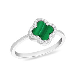 Tuscany Silver Women's Sterling Silver Rhodium Plated 11mm Clover Black Agate and 1.1mm White CZ Ring #S