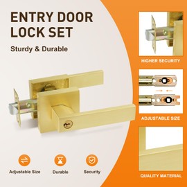 JO.KO Door Locks - Interior & Exterior Door Lever Handle with Keys - Golden Door Handles for Bedroom - Anti-Bump Resistant - Reversible for Right & Left Sided Doors