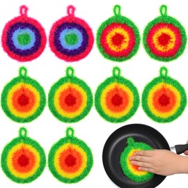 10 Pack Thickened Round Dish Scrubbers, Reusable Crochet Dish Sponges for Kitchen Washing, Non-Scratch Non-Stick Oil Cleaning Cloth with Hanging, Assorted Colors