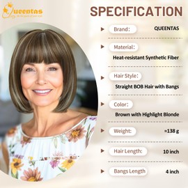 QUEENTAS Peluca Corta Marrón Estilo Bob Para Mujer, Recta Hasta Los Hombros Con Flequillo, Sintética, Sin Pegamento, De Aspecto Natural, Para Fiestas Diarias (Marrón Con Reflejos Rubios)