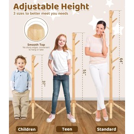 Relquorax Beech Wood Kids Coat Rack - Adjustable Height Stand with 9 Hooks, Freestanding Children's Clothing Organizer for Hallway, Bedroom, Easy Assembly (Natural)