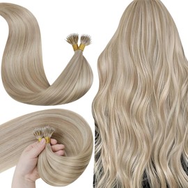 LaaVoo Blonde Nano Bead Hair Extensions Human Hair Ash Blonde with Bleach Blonde Nano Ring Hair Extensions Human Hair 24 Inch Nano Link Hair Extensions Real Human Hair Blonde 1g/s 50g Per Pack