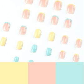 SXVME Mint Green Yellow French Tip False Nails Short Square Acrylic Press on Nails Short Full Cover Natural Fit Glue on Nails for Women Daily Wear 24 Pcs