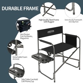 YOUNG WOOD Camping Directors Chair, Lightweight Oversized Portable Folding Chair with Side Table and Storage Pockets for Outdoor Camping, Lawn, Picnic and Fishing, Supports 400lbs (Black)