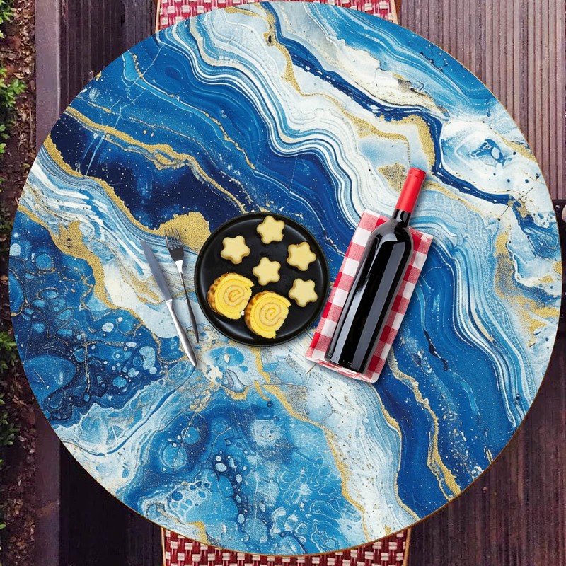 CREATCABIN Marbling Elastic Tablecloth Round Table Cover Waterproof Washable Fitted