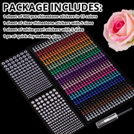 1294 Pcs Rhinestone and Pearl Stickers 3-8mm Clear&Colorful Gems+White Pearls Adhesive Face Gems Stick on Body Crystal Jewels with Makeup Glue for Face Eye Hair Nails Makeup and Craft Decorations