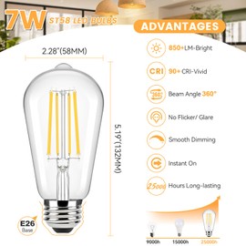 Brightever Edison Light Bulbs 60W Equivalent, Dimmable LED Light Bulbs, 7W, 850LM Vintage E26 Bulb 2700K Soft White, 90+CRI, ST58 Clear Glasses Antique Decorative Filament Bulb for House, 8 Pack