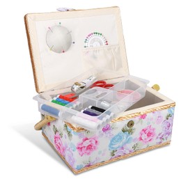 Navaris Sewing Box Sewing Box Sewing Case for Handmade - Basket with Practical Carry Handle - Handmade Basket with Sewing Accessories - Rose Design