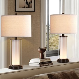 Kyrid 23.25'' Glass Table Lamp Set with Built-in LED Night Light, Modern Black Beside Table Lamp Set with USB Ports (Bulbs Included)