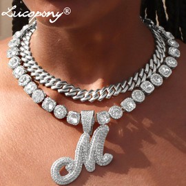 2pcs Cuban Link Chain for Women Cursive Silver Initial Necklace Cuban Link Necklace for Women Hip Hop Iced Out Chain Necklace Bling Diamond 14mm Cuban Chain Letter Name Hip Hop Jewelry Gift (B, Silver)