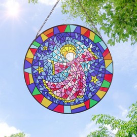 VCUTEKA Christmas Hanging Window Indoor Decoration - Angel Stained Glass Wall Art Decor 12’’ Hand-Painted Glass Panel Hanging Christmas Ornaments Home Xmas Decor for Grandma Gift