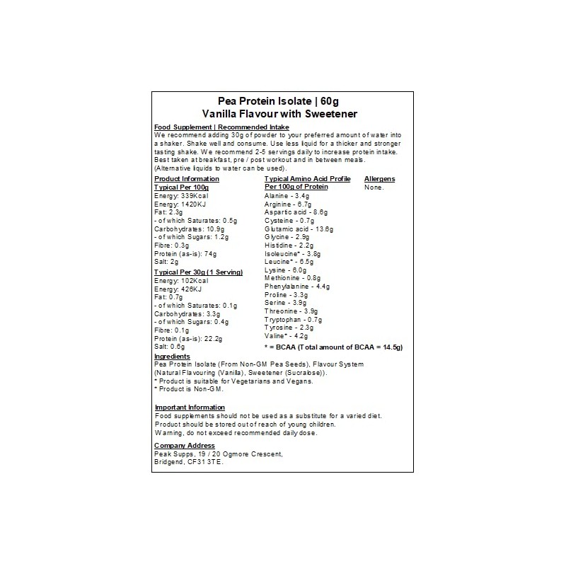 Pea Protein Isolate Powder Unflavoured - Vegan - Non-GM (60g,