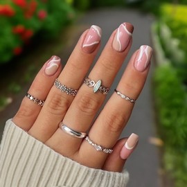 Acrylic press on nails, French tip, Fake nails with glue, Fake nails with design, Short press on nails, Short - Medium, 24 pc set (including adhesive tabs) MOTA ENTERPRISE (JP2038)