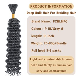 Braiding Hair 310g 4 Bundles/Pack 22 Inch Deep Wave Bohemian Braids for Curly Braiding Hair No Weft Natural Color, Boho Braids Hair Water Wave（1B/Grey#）