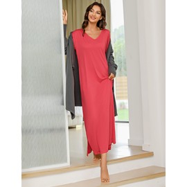 Uniexcosm Long Nightdress for Women Nightgowns 3/4 Sleeve Cotton Nighties Baggy Ladies Nightshirts with Pockets Plus Size Sleep Dress Nightwear Loungewear Sleepwear S-XXL Rose Red