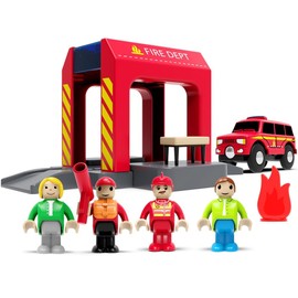 HYPERLIVING Accessories for Wooden Railway Tracks, Fire Station, Compatible with All Railway Tracks, Expansion Pack for Children Aged 3 Years and Over