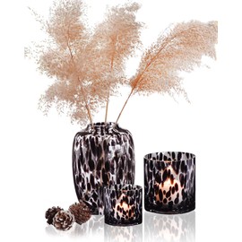 CONVIVA Glass Vase and Candle Holder Set, 3-Piece,Modern Fall Decor Table Centerpiece Thanksgiving Christmas Day Gift Idea,Flower Vase Black Tortoise Pattern