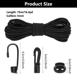 Rubber Cord, 5 mm, 15 m, Waterproof and Wear-Resistant, Elastic Expander Rope, Rubber Cord, Black with 10 Spiral Hooks, 10 Plastic Hooks, 10 Rope Plugs for Trailer Tarpaulin, Camping, Sailing,