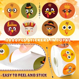 Whaline 1000Pcs Thanksgiving Stickers Roll Cute Turkey Expressions Decal Stickers Assorted Fall Turkey Pattern Adhesive Round Stickers Autumn Sealing Labels for Thanksgiving Party Supplies, 8 Design