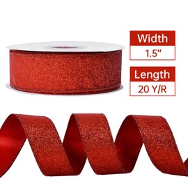 YAMA Glitter Wired Ribbon, Red, 1-1/2 inch x 20 Yards, for Christmas, Gift Wrapping, Wreath, Crafts, Bow Making and Party Decoration