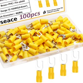 smseace 100Pcs #8(M4) Yellow Fork Spade Connectors 12-10AWG Wire Fork Connectors U-Type Insulated Fork Crimp Terminal Cnnectors
