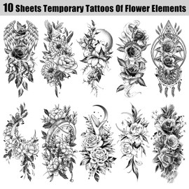 Cerlaza Large Temporary Tattoos for Women Girls, Flower Realistic Long Lasting Arm Half Sleeves Fake Tattoos for Adult, Tatuajes Temporales Women Waterproof Temporary Tattoos Stickers -10 Sheets