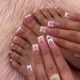 48 Pcs Square Press On Nails French Tip Fake Toenails Set With Bow Charms Design Medium False Nails Pink Press Ons Artificial Acrylic Nails Glossy Stick On Nails For Women Manicure Decoration