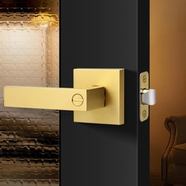 LOQRON Heavy Duty Privacy Door Lever with Lock, Square Design Interior Door Lever No Key, Reversible Handle for Bedroom and Bathroom Door Lock, Satin Brass