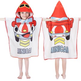 Montrestar Children's Bath Poncho with Hood, Microfibre Poncho Towel, Absorbent Bathrobe, Bath Towel, Girls, Swimming Pool Bath Towels, Beach Towel for Girls, Boys, Toddlers, 2-8 Years (Red Car)