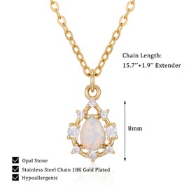White Opal Necklace for Women 8mm Teardrop Opal Gem Pendant Necklace Fire Opal Necklace Stainless Steel with 14k Gold Plated Opal October Birthstone Necklace for Women Opal Jewelry Gift for Women