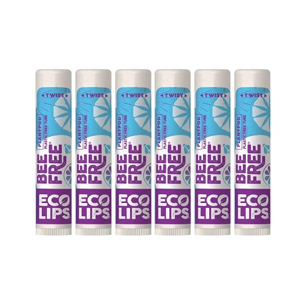 Eco Lips Bee Free Vegan Unscented 100% Natural Lip Balm - Soothe and Moisturize Dry, Cracked and Chapped Lips - 100% Plastic-Free Plant Pod Packaging - Made in USA (6 Tubes)