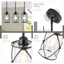 Osimir Glass Pendant Lights Kitchen Island 3 Pack, Black Kitchen Pendant Lighting Over Island with Rod, Modern Mini Hanging Light for Sink Dining Room, CH9176BK-3PK