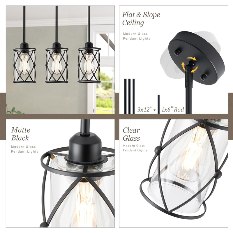 Osimir Glass Pendant Lights Kitchen Island 3 Pack, Black Kitchen