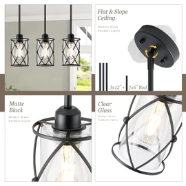 Osimir Glass Pendant Lights Kitchen Island 3 Pack, Black Kitchen Pendant Lighting Over Island with Rod, Modern Mini Hanging Light for Sink Dining Room, CH9176BK-3PK