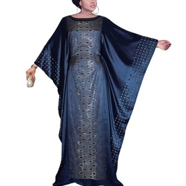 HD African Dresses for Women Fashion Beaded Rhinestone Kaftan Maxi Dress, Navyblue-87 (with inner belt version)