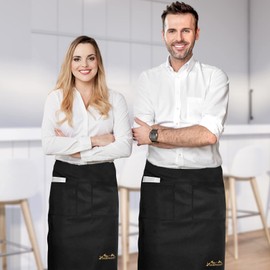 Viedouce Pack of 2 Aprons, Waterproof Short Waist Cooking Apron with 2 Pockets, Kitchen Apron, BBQ Apron, Kitchen Apron for Women Men Restaurant Server Chef Waitress Waiter Barista (Black)