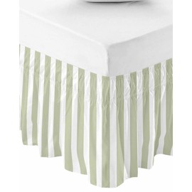 RisQiten Sage Green Striped Bed Skirt Queen Size 18 Inch Drop, Farmhouse Adjustable Elastic Bedskirt Dust Ruffle for Queen Bed, Sage Green White Stripes Wrap Around Bed Skirts Pleated Bed Frame Cover
