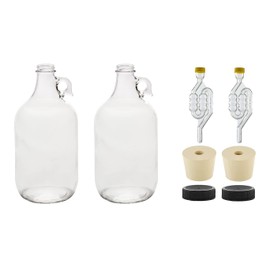 North Mountain Supply 1/2 Gallon Glass Fermenting Jug with Handle – Set of 2 – Includes 6.5 Rubber Stoppers, 6-Bubble Airlocks, and Black Plastic Lids – 64 Ounces – 38mm CT Finish