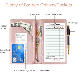 WAVEYU Cute Server Books for Waitress Waiter, Leather Guest Book Note Pad with Zipper, Money Organizer Wallet, Cash Check Bill Receipt Holder Presenter, 8x5 inch, Pink Marble