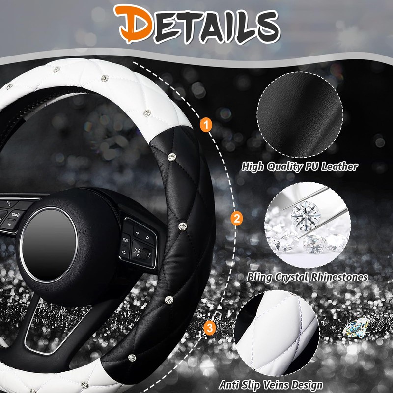 KAFEEK Diamond Soft Leather Steering Wheel Cover with Bling Bling